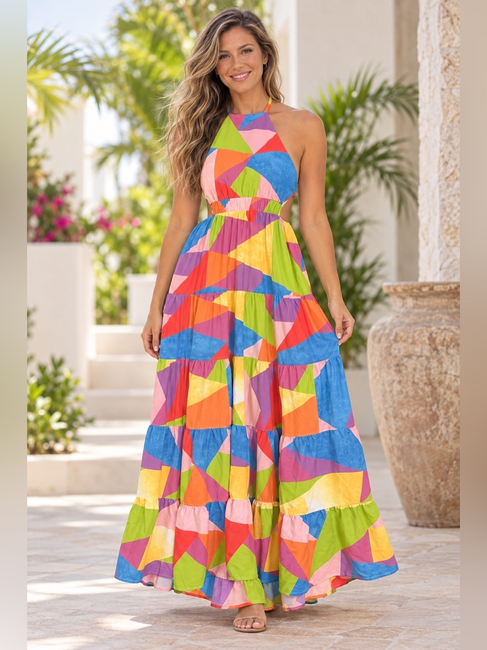 French Love California Geometric Halter Cutout Maxi Dress M
